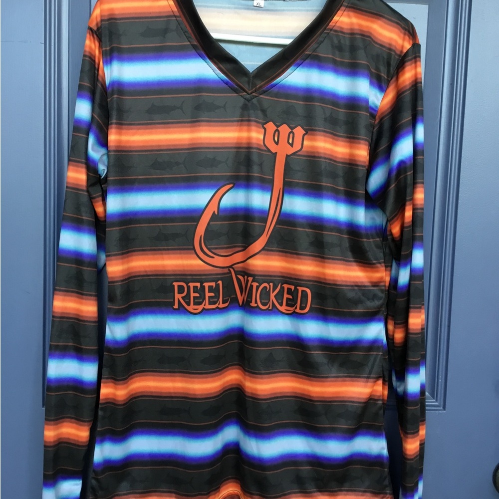 Reel Wicked fishing performance long sleeve shirt.  Orange/black. Size Xl